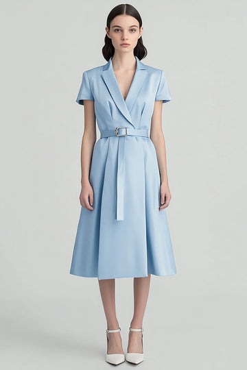 Sky Blue Notched Lapel A Line Midi Work Dress with Belt